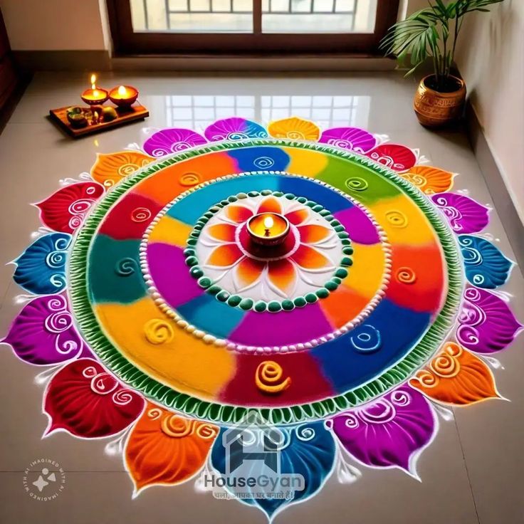 a colorful flower design is on the floor in front of a window with two candles