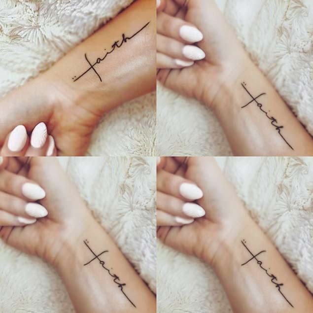 four different pictures of hands with cross tattoos on their arms and wrist, both showing the same