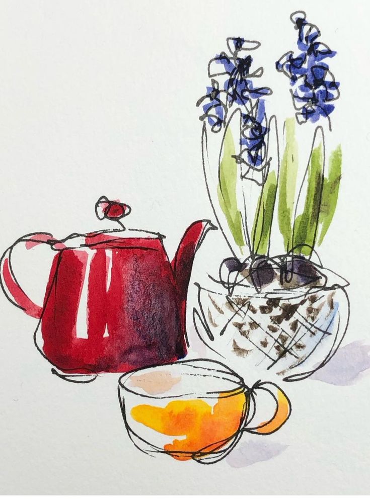 a watercolor painting of flowers and tea pot