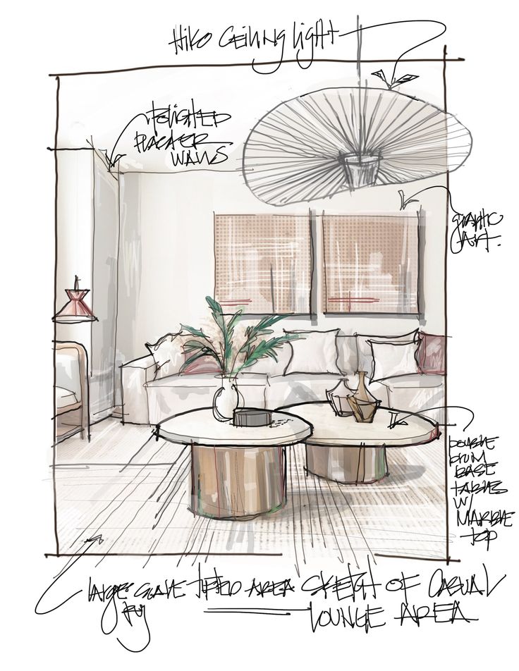 Marker Sketch and Rendering of Interior Living Area with a sofa and tables and large scale artwork. تصميم دورة مياه, Croquis Architecture, Design Portfolio Layout, Interior Design Portfolio Layout, Interior Design Sketchbook, Furniture Design Sketches, Interior Design Student, Interior Design Renderings, Interior Architecture Drawing