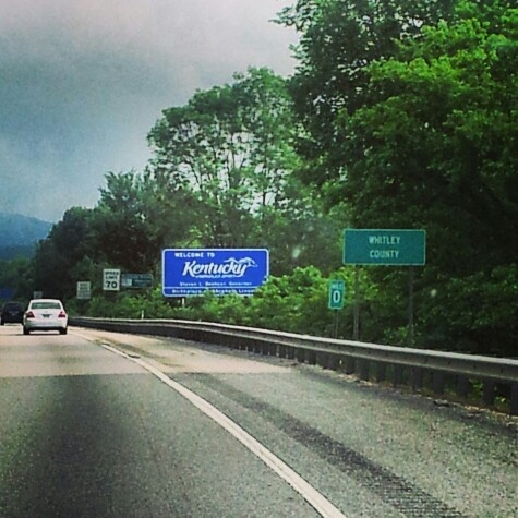 cars driving down the road in front of some green trees and signs on a cloudy day