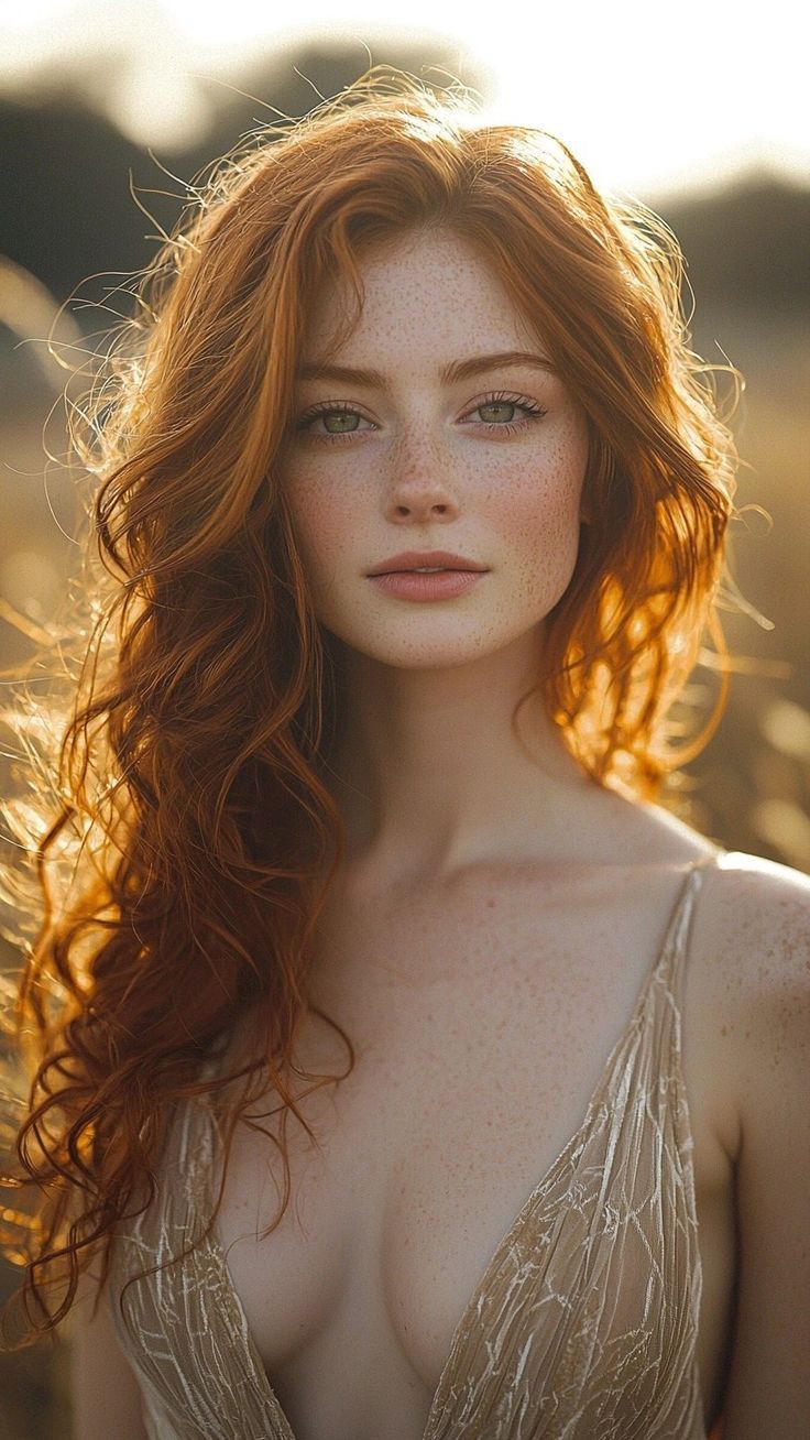 a woman with red hair and freckled skin posing for a photo in the sun