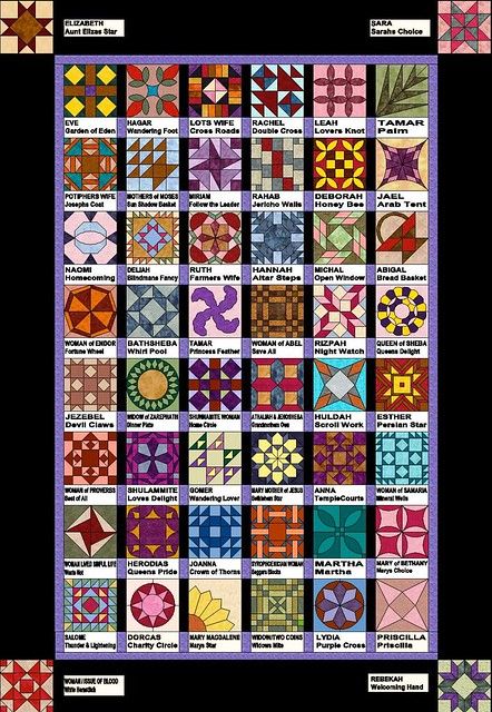 a quilt pattern with many different designs on the front and back, all in different colors