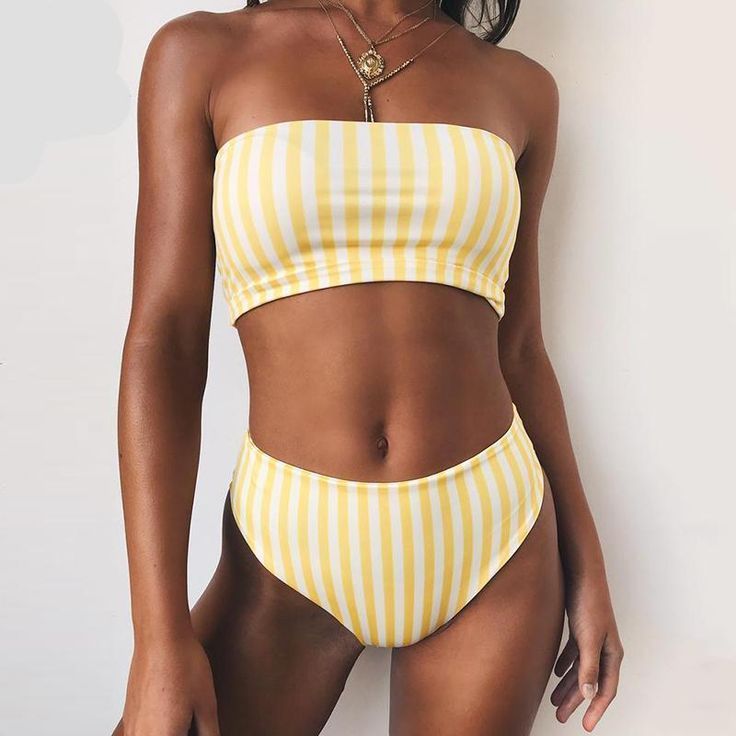 Retro Yellow Striped Strapless Bikini Swimsuit Strapless Swimsuit, Push Up Swimsuit, Suit Swimsuit, Swimming Bathing Suits, Trendy Swimwear, High Waisted Swim, Suit Women, Skateboard Art, Outfit Trends