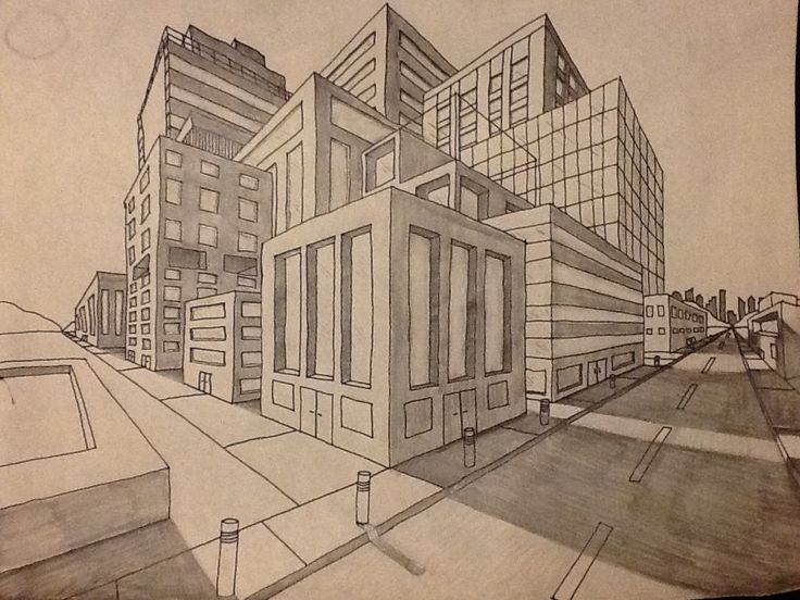 a drawing of a city street with buildings