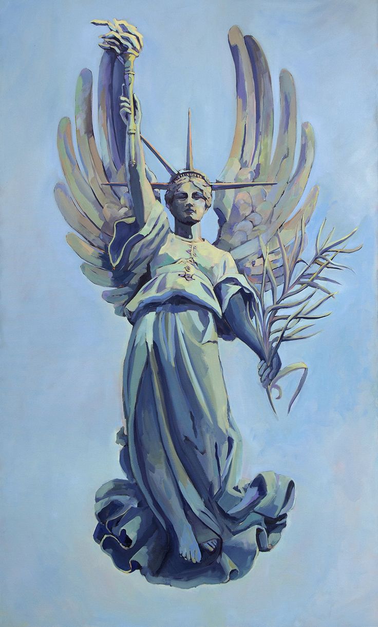 an oil painting of the statue of liberty holding two branches in her hands and wearing a crown