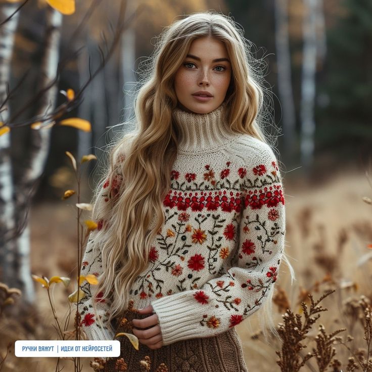 a woman with long blonde hair standing in the woods wearing a white sweater and brown skirt