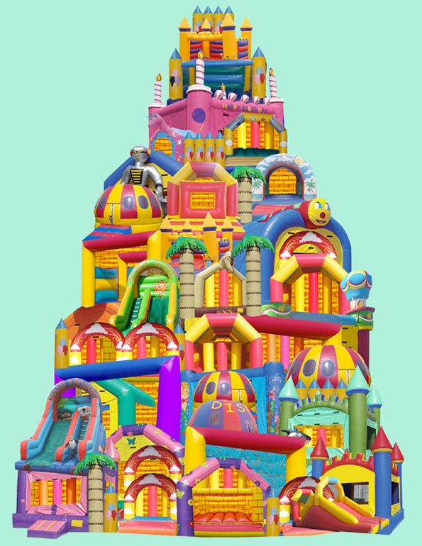 a large inflatable castle with slides and slides on the top, against a blue background