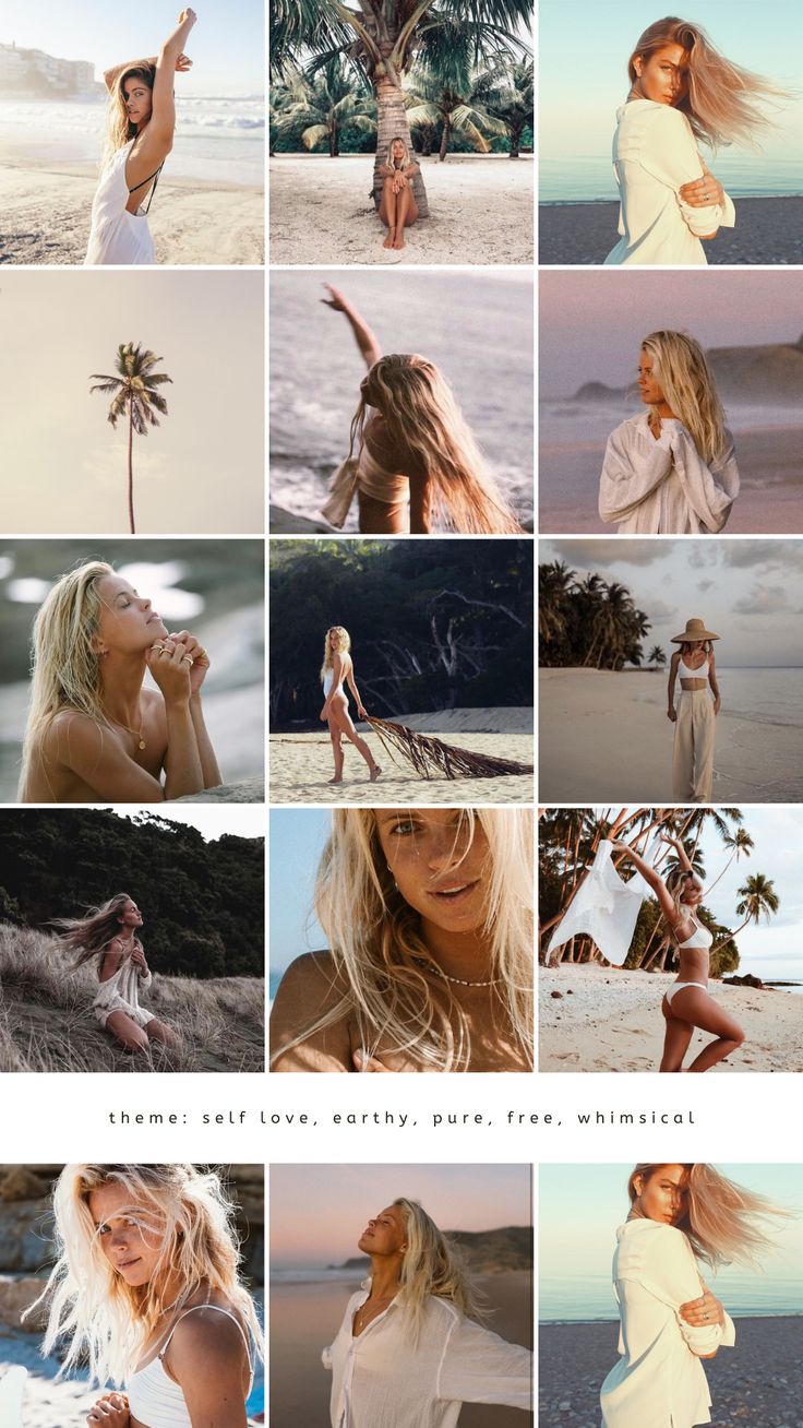 a collage of photos with the same woman in white clothes and palm trees on the beach