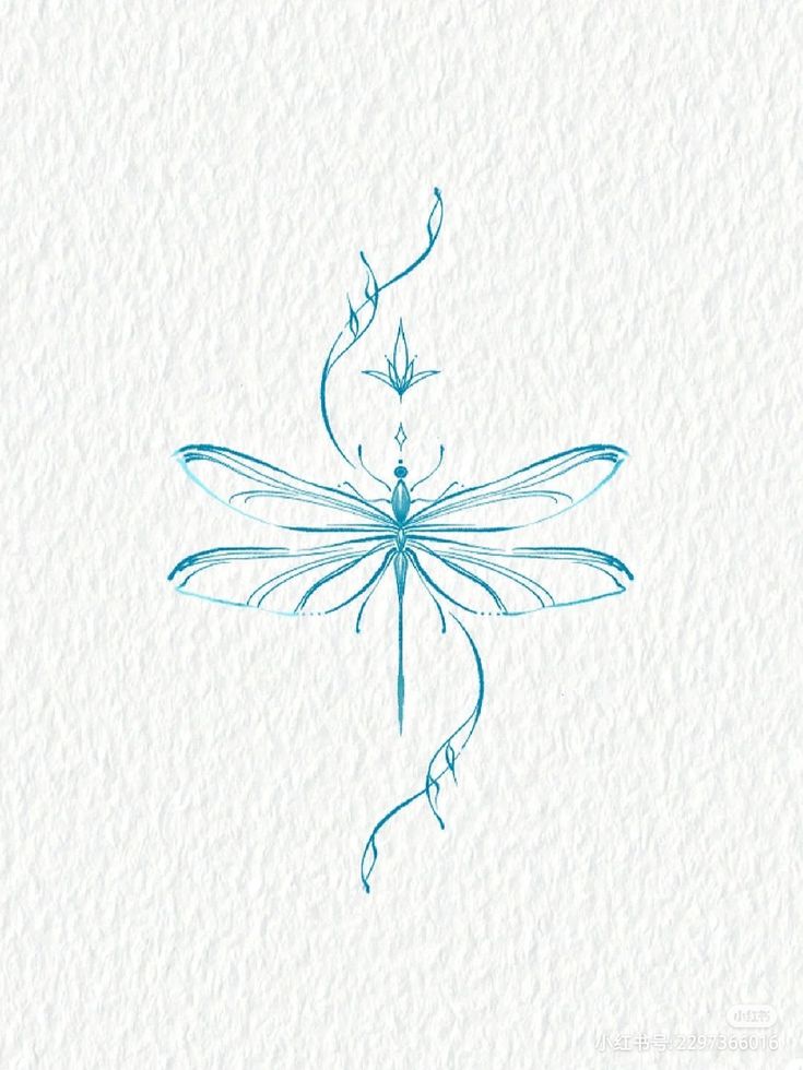 a drawing of a blue dragonfly sitting on top of a white paper background with the word