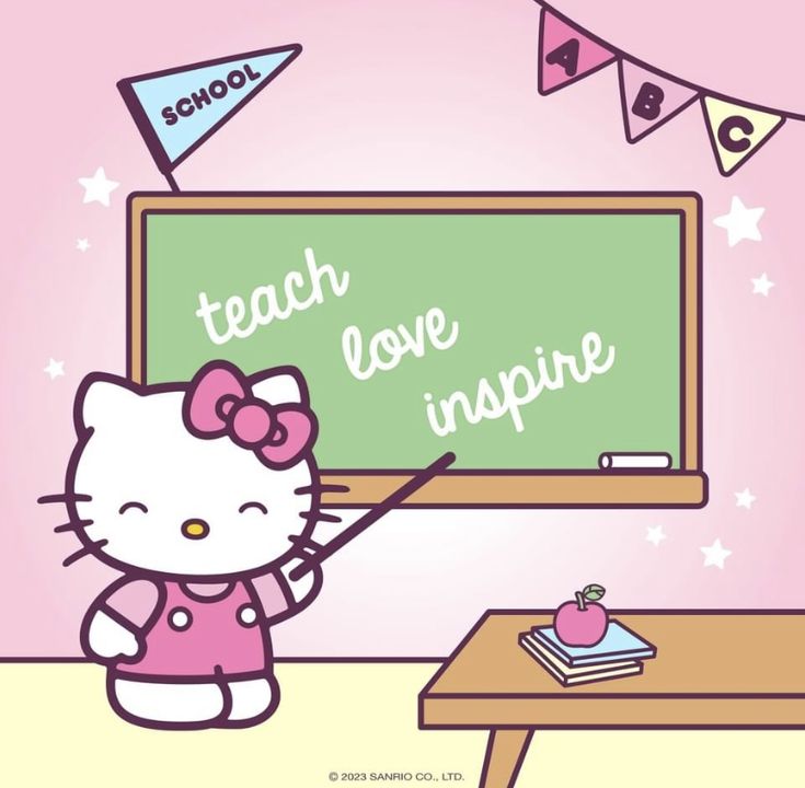 a hello kitty teacher in front of a chalkboard with the words teach love inspire written on it