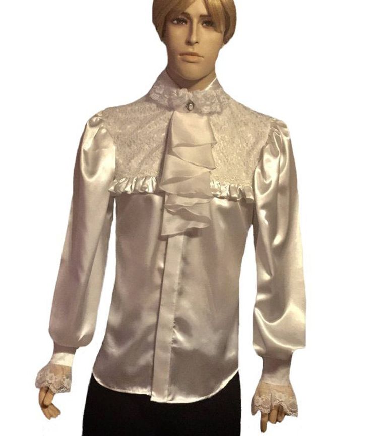 "Men's dress shirt with hidden buttons band and Club style ruffled collar with one covered button at the neck band. A lace bib embellished with satin ruffles. Has plastic buttons at the buttons band, shaped hem and detachable 100% silk Satin Organza Jabot. Wide Extra Long Puff Sleeve shirt. Standard Cuffs style with 2 buttons and lace Ruffles. Shaped hem.  -  Please, take a look at the last picture for available colors      Mannequin Height- 6.2 Feet Fabric:  Charmeuse Satin - 100% Polyester, ma Formal Fitted Blouse With Ruffled Collar, Elegant Formal Blouse With Ruffled Collar, Elegant Party Blouse With Pearl Buttons, Formal Ruffled Collar Blouse, Formal Blouse With Ruffles And Collar, Formal Blouse With Lace Trim And Ruffled Collar, Elegant Satin Blouse With Ruffles, Formal Blouse With Pearl Buttons, Formal Satin Blouse With Buttons