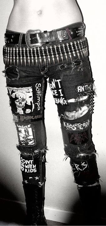 Crust Punk pants jeans patches on denim., my new jeans, emp, inspired, punk, bullet, black, patches Crust Jeans, Crust Punk Pants, Jeans With Patches, Look Grunge, Punk Pants, Scene Girl, Crust Punk, Scene Outfits, Joan Jett