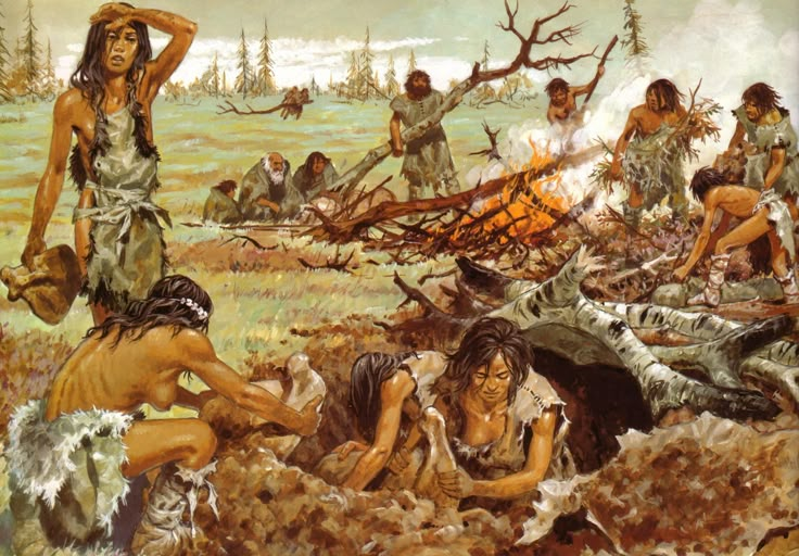 a painting of native people in the wilderness