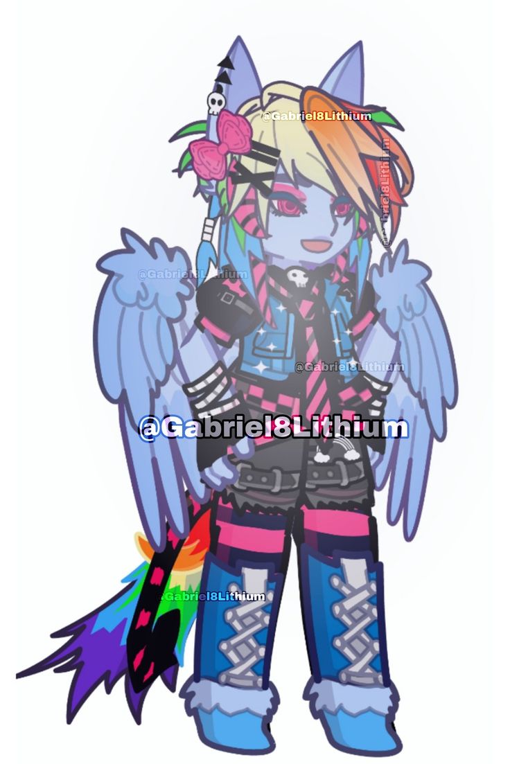 an anime character with blue hair and wings holding a rainbow colored object in her hand