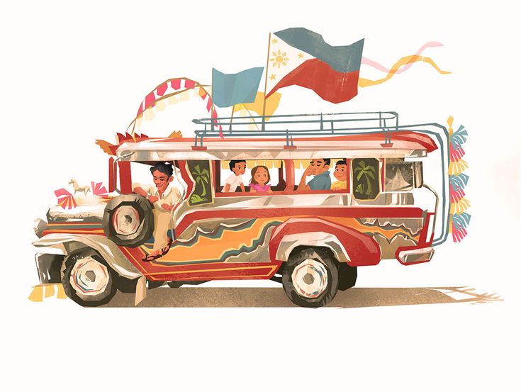 an old bus with people riding on the side and flags flying in the air behind it