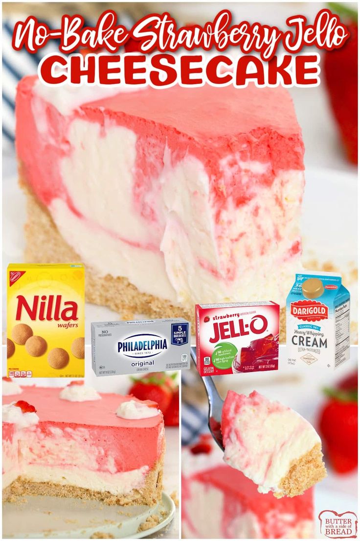 no bake strawberry jello cheesecake is an easy and delicious dessert that's ready to be eaten