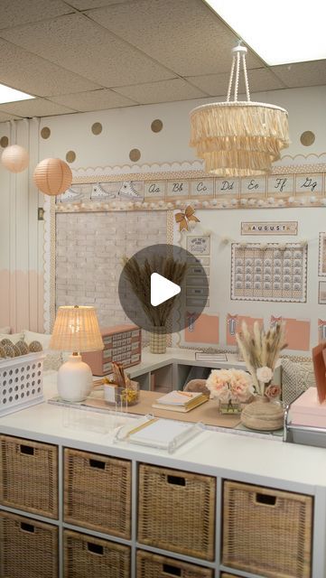 a desk with baskets and lamps on it in front of a wall mounted bulletin board