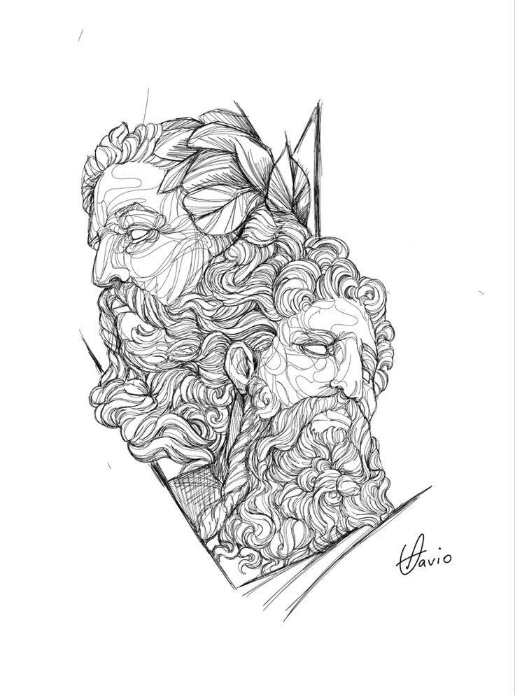 a black and white drawing of a man's face with curly hair, beards and mustaches