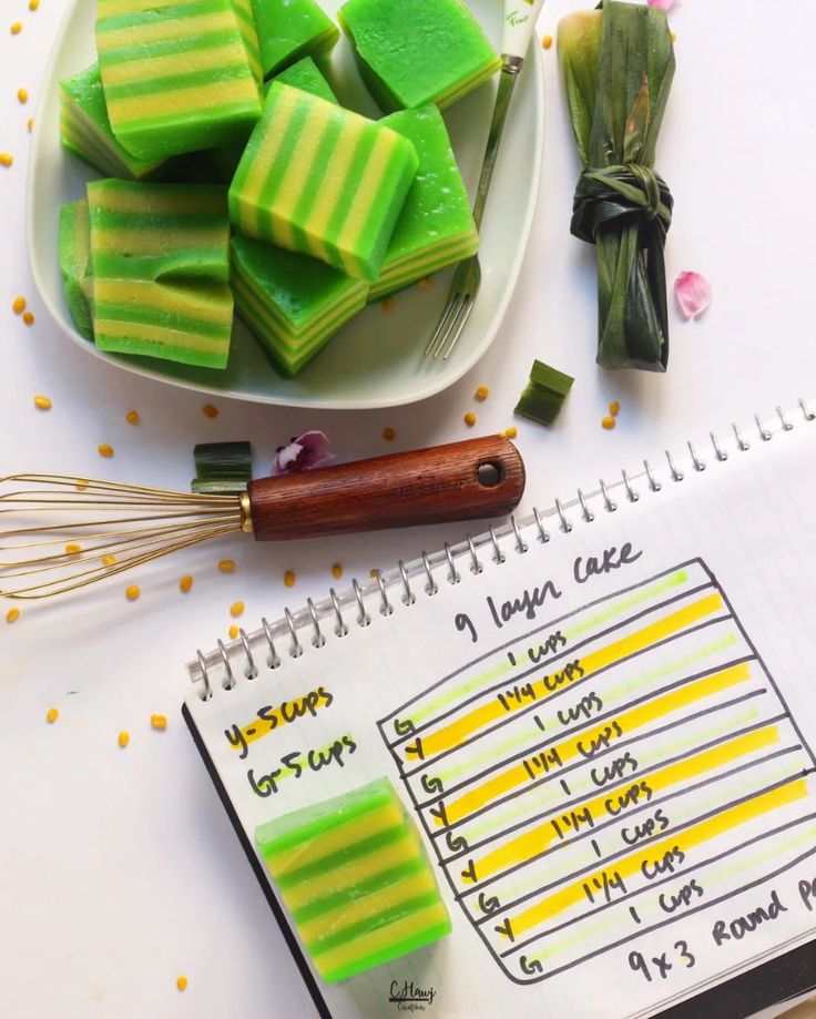 green and yellow jello bars sitting on top of a table next to a notebook