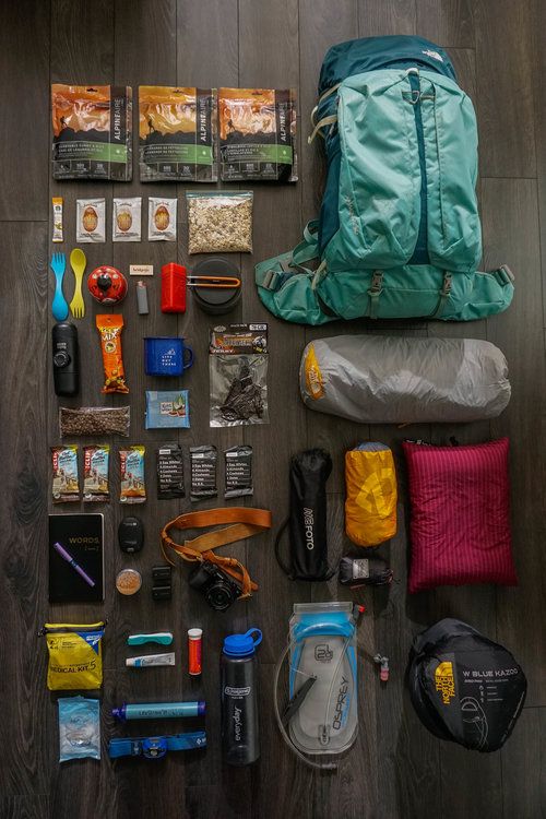 the contents of a backpack laid out on a wooden floor next to it's contents