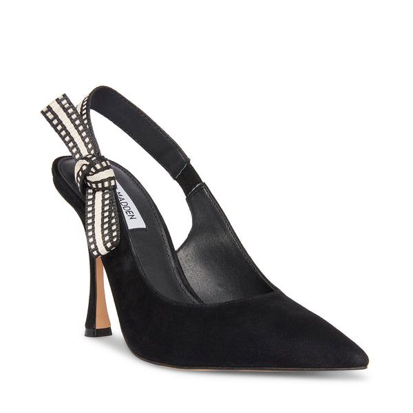 BRI Black Suede Slingback Pump Heel | Women's Heels – Steve Madden Evening Heels With Bow Straps And Pointed Toe, Black Slingback Pumps With Bow For Party, Luxury Slingback Pumps With Bow Straps For Evening, Black Bow Slingback Pumps For Party, Luxury Evening Slingback Pumps With Bow Straps, Luxury High Heel Slingback Pumps With Bow, Luxury Slingback Pumps With Bow, Evening Heels With Ribbon And Pointed Toe, Evening Ribbon Heels With Pointed Toe