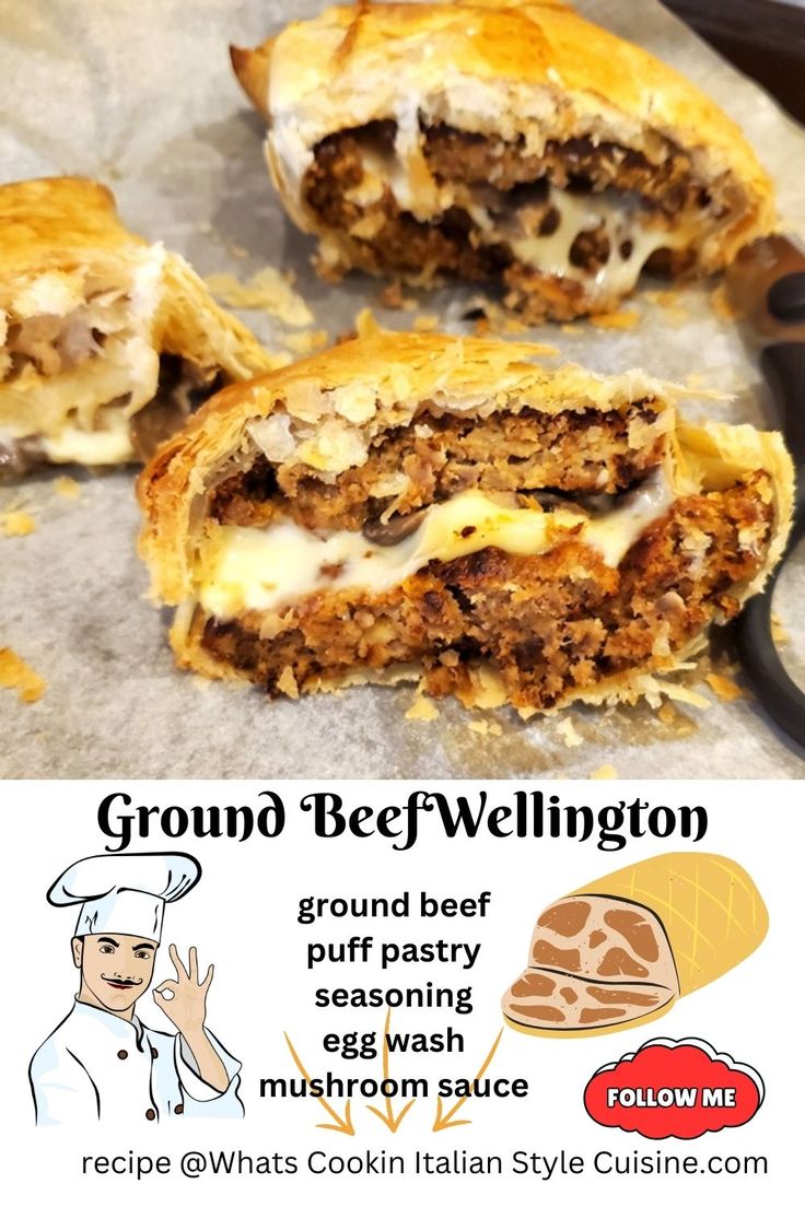 an advertisement for ground beef wellington