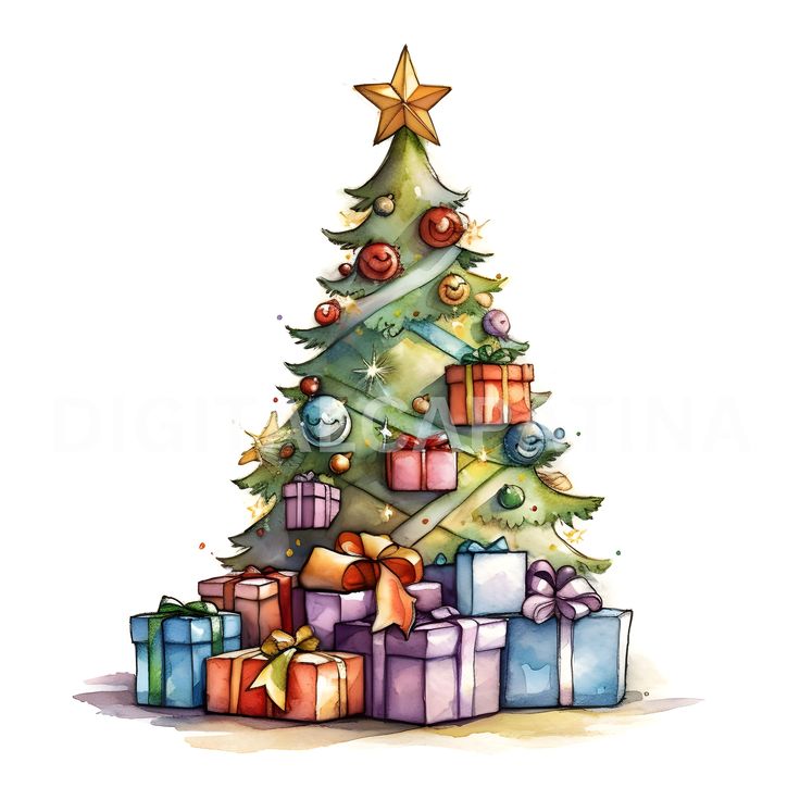 a watercolor christmas tree with presents under it and a star on the top,