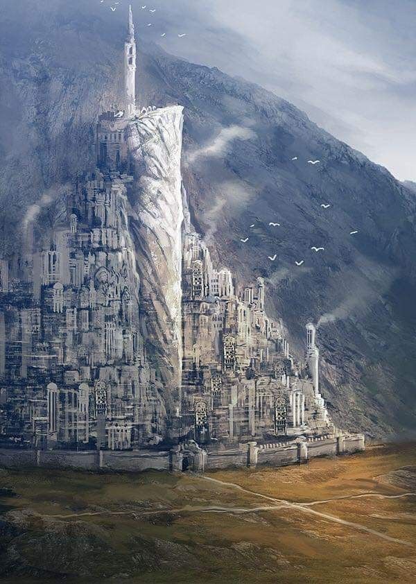 a fantasy city in the mountains with birds flying over it and on top of them