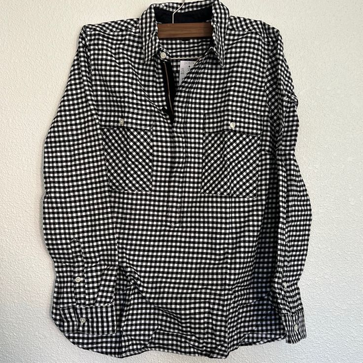 J. Crew Mercantile Gingham Shirt Jacket Size Small Half Zip Detail Gingham Print New With Tags! Long Sleeve Gingham Shirt With Button Closure, Preppy Gingham Button-up Shirt, Gingham Button-up Tops With Buttons, Sleeveless Turtleneck Top, Cotton Poplin Top, Green Long Sleeve Top, Gingham Button-up Top With Button Closure, Classic Gingham Flannel Button-up Shirt, Floral Tunic Tops