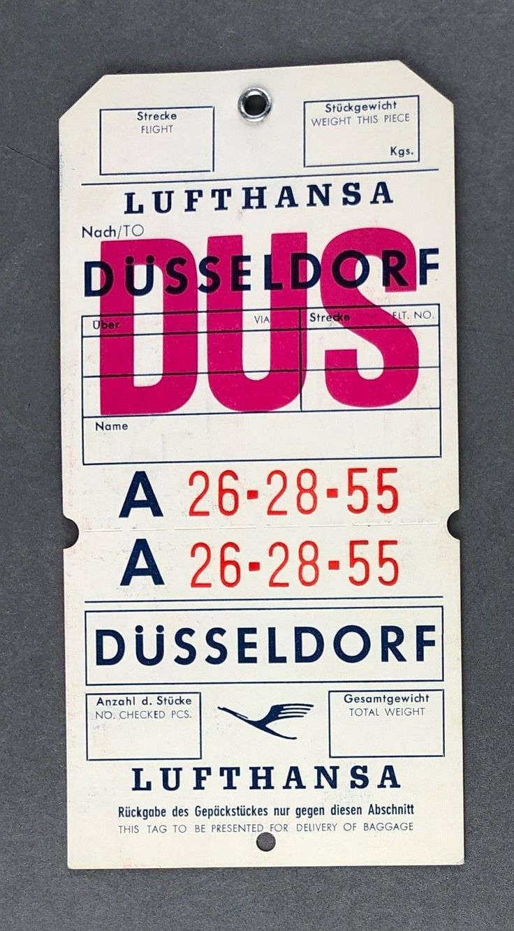 a white tag with pink and black letters on it that says lufthansa dussedore