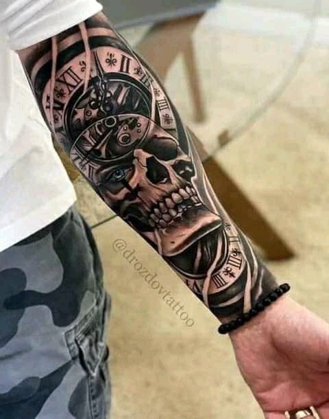 a man's arm with a clock and skull tattoo on it