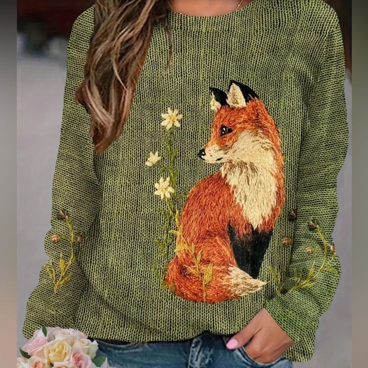 This Is Actually A Printed Sweater, Nice Lightweight, Soft Material This Sweet, Fox And Flowers. I Am Planning To Get Many With Different Designs So Keep Your Eyes Open If You Love It! Fox And Flowers, Black Lace Cardigan, Keep Your Eyes Open, Fox Sweater, Geometric Knit, Fox Pattern, Eyes Open, Fox Print, Purple Sweater