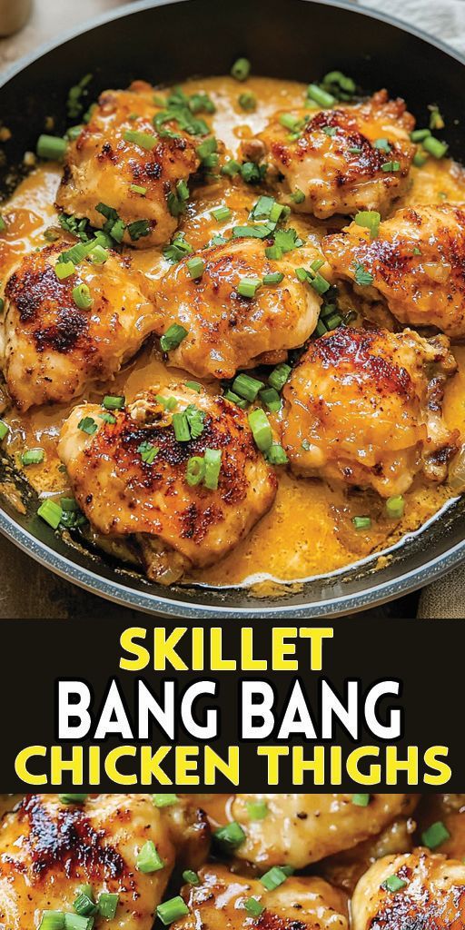 skillet bang bang chicken thighs in a skillet with green onions and cheese on top