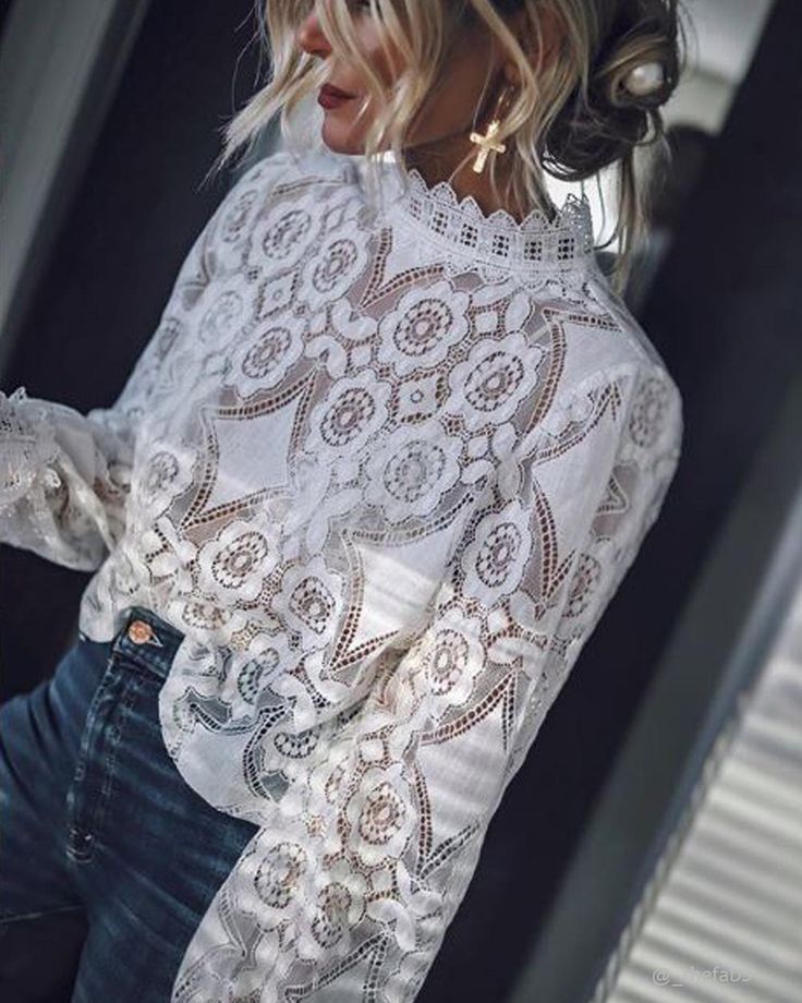 Gorgeous soft white lace pairs with long sleeves, scalloped cuffs & neck details, & a soft waist brushing fit. Perfect by itself for with a cami for more coverage. White Cotton & poly blend Imported Hand wash cold Small Medium Large Bust 34 36 38 Waist 34 36 38 Hips 37 39 40 Length 19 19 20 Bust, waist, and hip measurements are a total circumference. Length is measured from the top of the blouse to the hem. Measurements are an estimate. White Lace Blouse, Moda Chic, Plain Blouse, Lace Top Long Sleeve, Lace Shirt, Girly Outfits, Lace Blouse, Lace Tops, Long Sleeve Lace