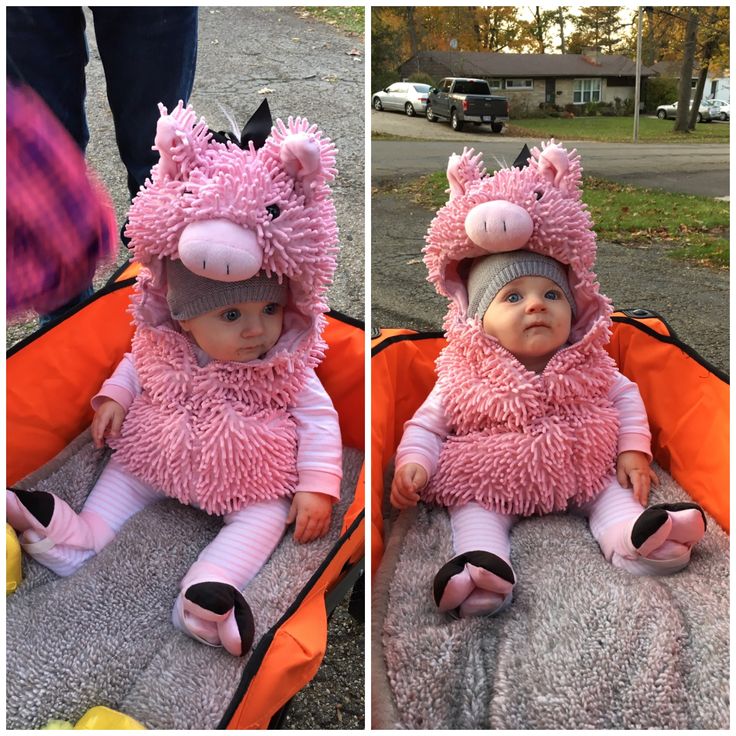 two pictures of a baby wearing a pink pig costume and sitting on a blanket in the street