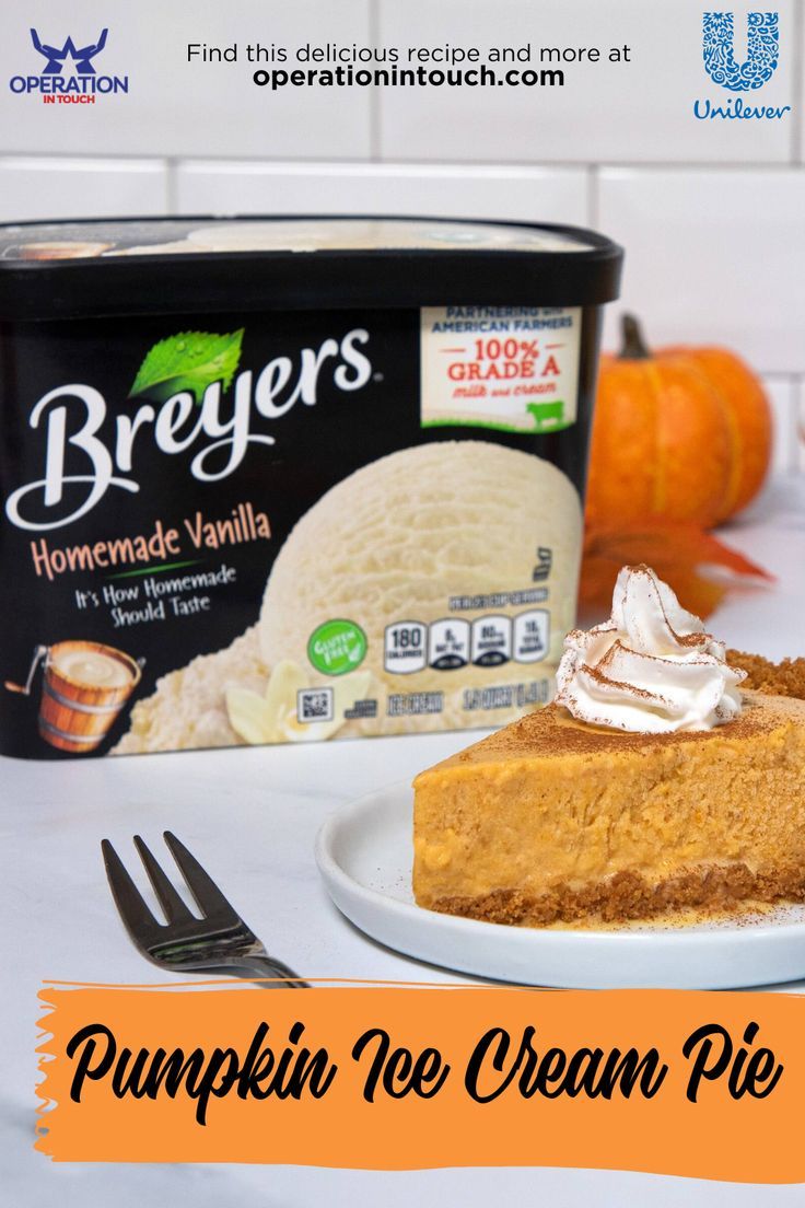 a piece of pumpkin ice cream pie on a white plate next to an ice cream container