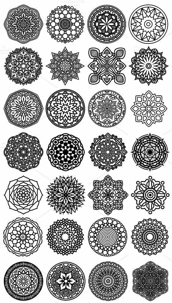 an assortment of circular designs in black and white