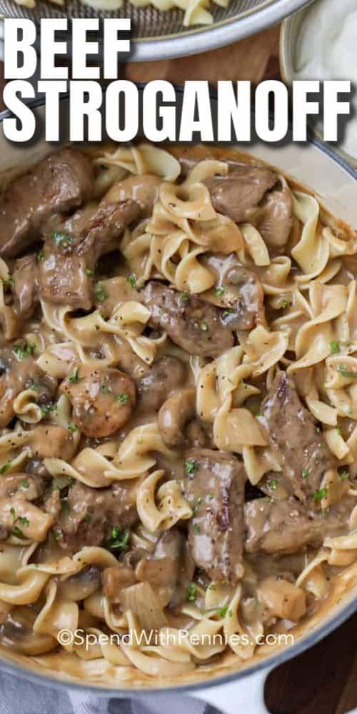 beef stroganoni with mushrooms in a skillet