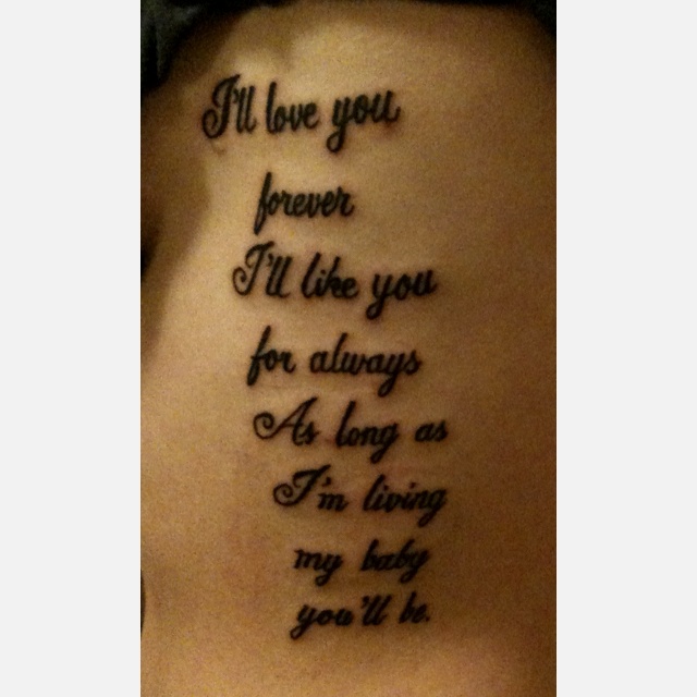 a woman's back with the words i love you forever written in cursive font