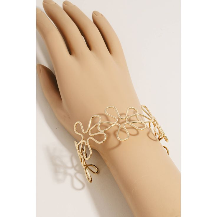 This season's hottest accessory, this cuff bracelet carries a charming metallic wire flower design. This item is perfect for adding some color and vibrancy to any outfit. 100% Brass Spring Chic Jewelry With Flower Decoration, Chic Spring Jewelry With Flower Decoration, Gold Bracelet Jewelry For Spring, Gold Spring Bracelet, Spring Gold Bracelet Jewelry, Elegant Spring Bracelet With Flower Charm, Elegant Metal Bangle For Spring, Elegant Adjustable Bracelets For Spring, Trendy Metal Jewelry For Spring