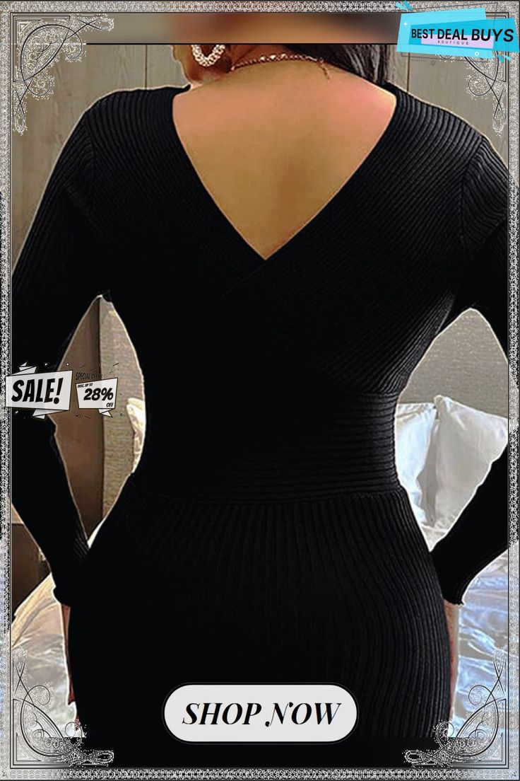 V Neck Long Sleeve Sweater Dresses Bodycon Long Sleeve Tops For Fall, Fall Bodycon Long Sleeve Tops, V-neck Ribbed Top For Parties, Ribbed V-neck Top For Parties, Fall Bodycon Top, V-neck Ribbed Party Top, Party Ribbed V-neck Top, Party V-neck Ribbed Top, Sweater Dresses