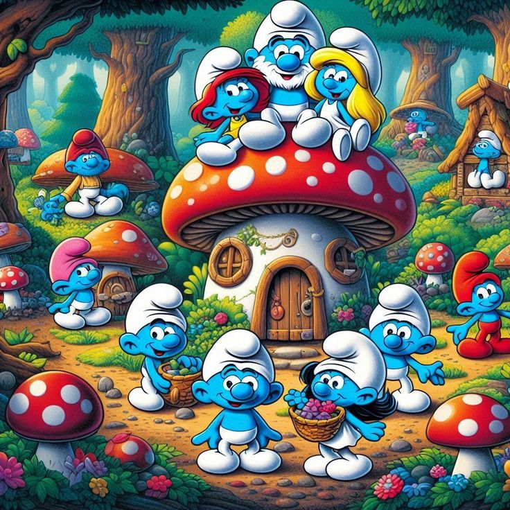 the smurfs are standing in front of a mushroom house