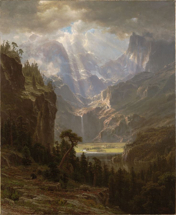 a painting of mountains and trees in the foreground, with water below them on a cloudy day