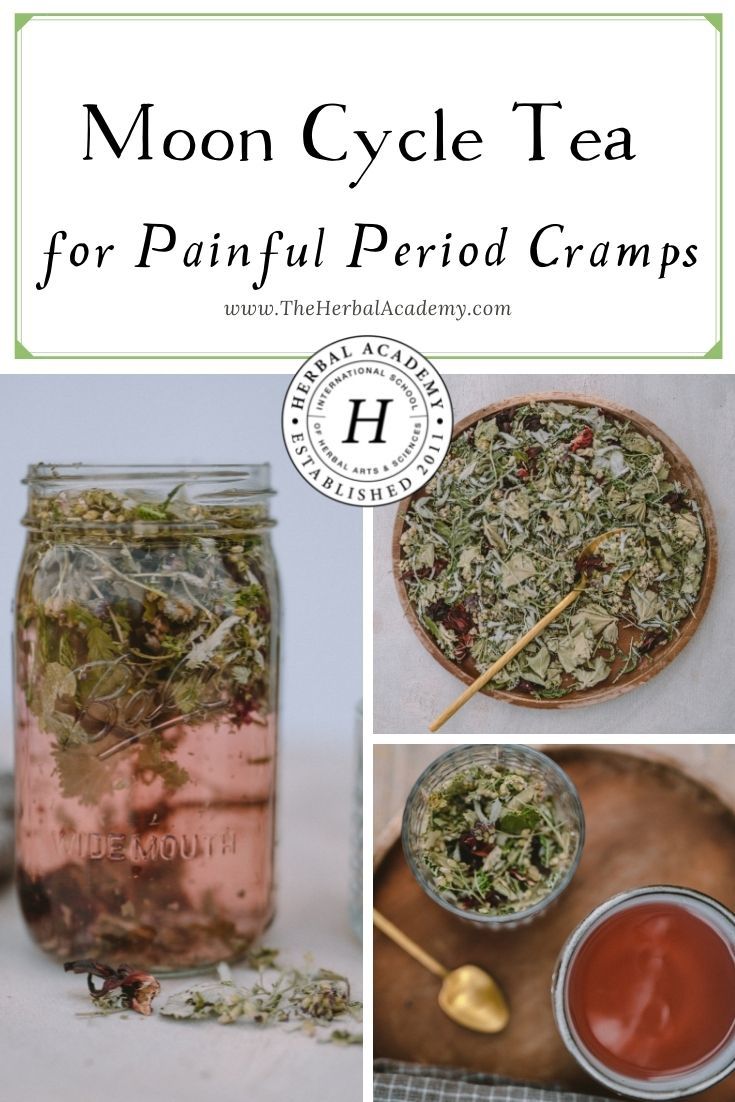 the moon cycle tea for painful period cramps is shown in this collage with images