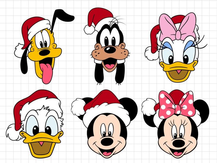 mickey mouse and donald duck christmas faces with santa claus hats on their heads, all in cartoon style