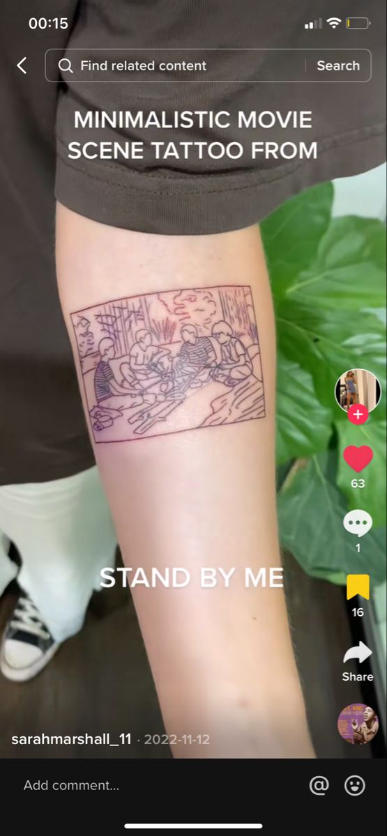 a person with a tattoo on their leg that reads minimalistic movie scene tattoo from stand by me