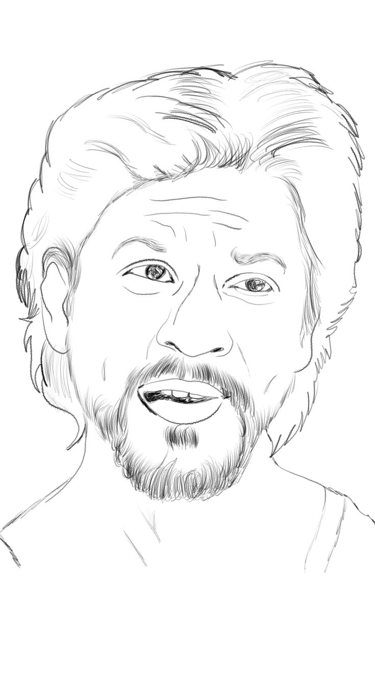 a black and white drawing of a man's face, with the beard pulled back