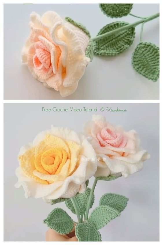 two pictures of flowers with leaves and one is made out of crocheted yarn