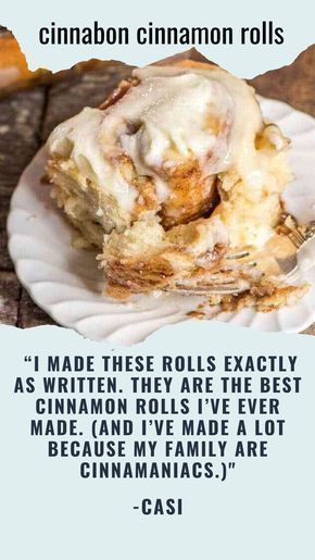 a piece of cake on a white plate with a caption about cinnamon cinnamon rolls